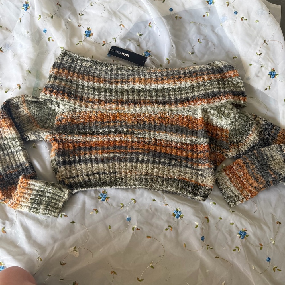Women's Striped Off the Shoulder Sweater - Orange, Gray, Green